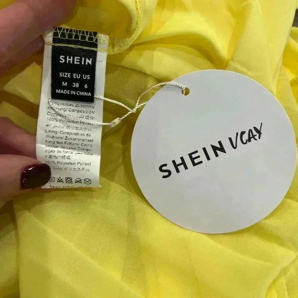 NWT SHEIN Haute Neck Tie Pleated Dress-Yellow-Size M - Picture 12 of 13